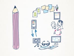 An illustration of the number 10, made up using smaller objects commonly associated with design such as pencils, post-it notes and mobile devices