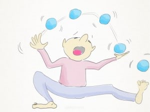 An illustration of a UX Designer juggling several balls at once, and struggling!