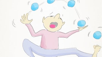 An illustration of a UX Designer juggling several balls at once, and struggling!
