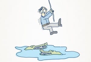 An illustration of a UX Designer swinging on a vine over a lake of crocodiles