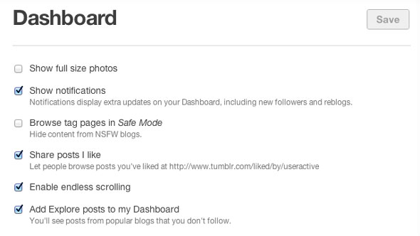 A screenshot of the Tumblr settings page