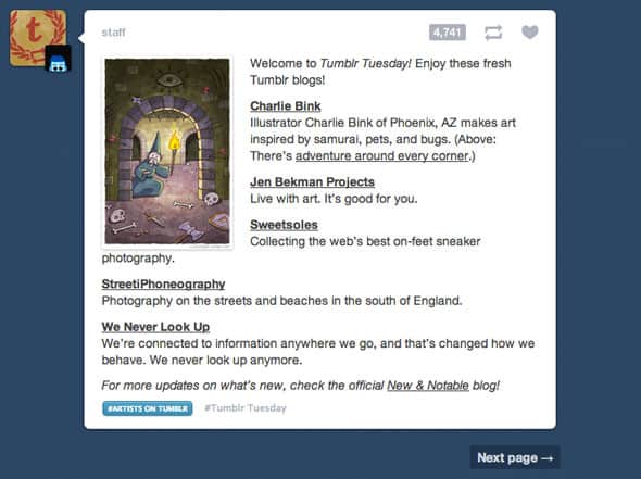 A screenshot of a Tumblr feed with infinite scrolling disabled.