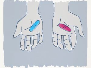 A person offers a blue pill and a red pill