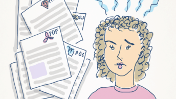 A UX Designer looks frustrated as she prepares to tackle a mass of documents
