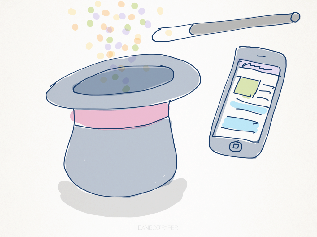 An illustration of a magician's hat, a wand and a mobile phone