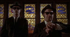 Jake and Elwood in church.