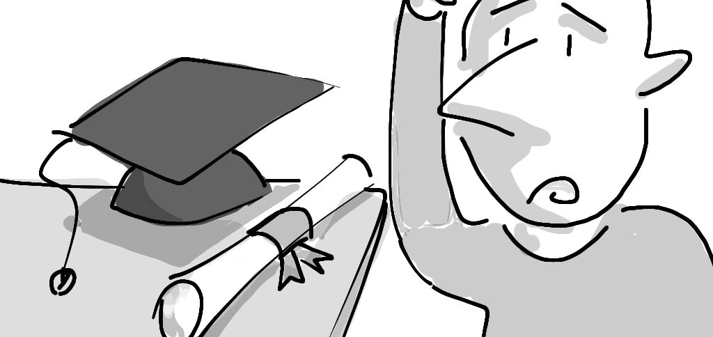 A confused student looks at a mortarboard and a rolled-up degree, and wonders whether it is worth the trouble.