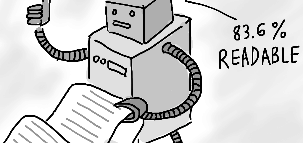 A robot reads a long script and gives the thumbs up with the words: 83.6% Readable.