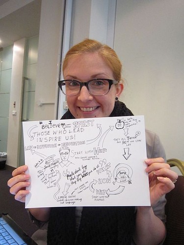 Rebecca holding her first sketchnote proudly