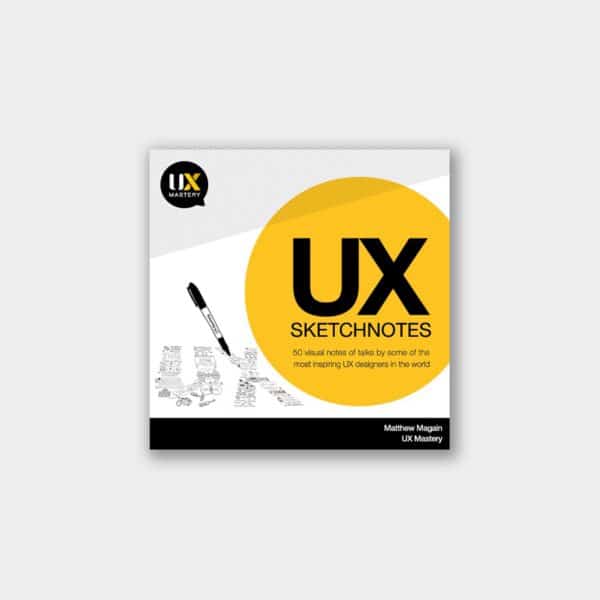 White and yellow cover image for UX Sketchnotes ebook
