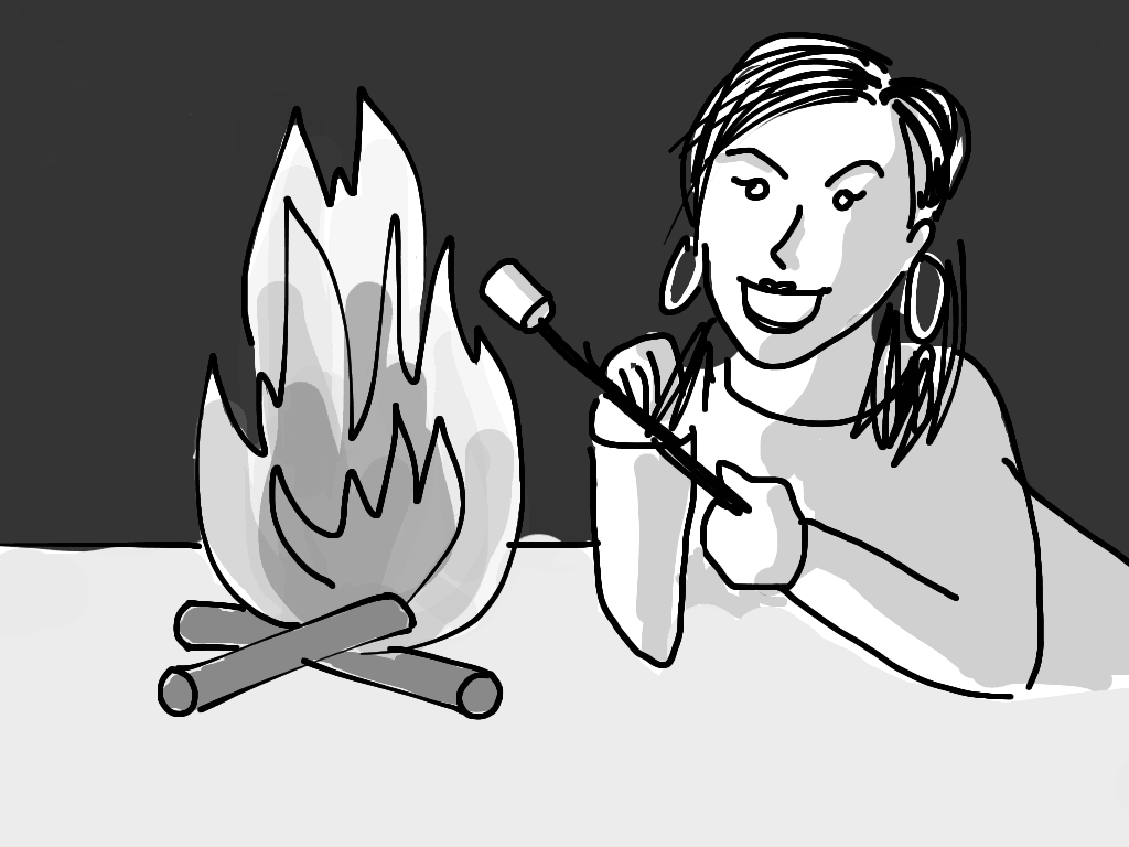Jodie Moule roasts a marshmallow by the campfire