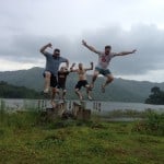 Matt, Luke, Phil and Russ leap from pilons by Tambo Lake