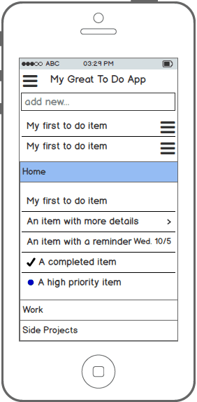 A design I abandoned to default all items to "unassigned" and let users drag them into categories later.