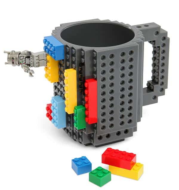 The Build-On Brick Mug. It's a coffee mug and construction set all in one! (Source: Thinkgeek)