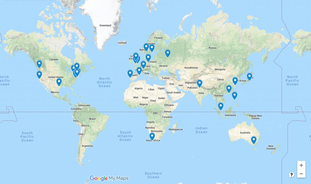 Google map showing #whatisresearchops workshop locations