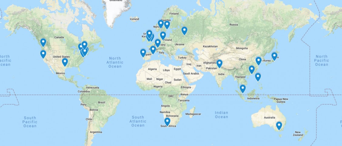 Google map showing #whatisresearchops workshop locations