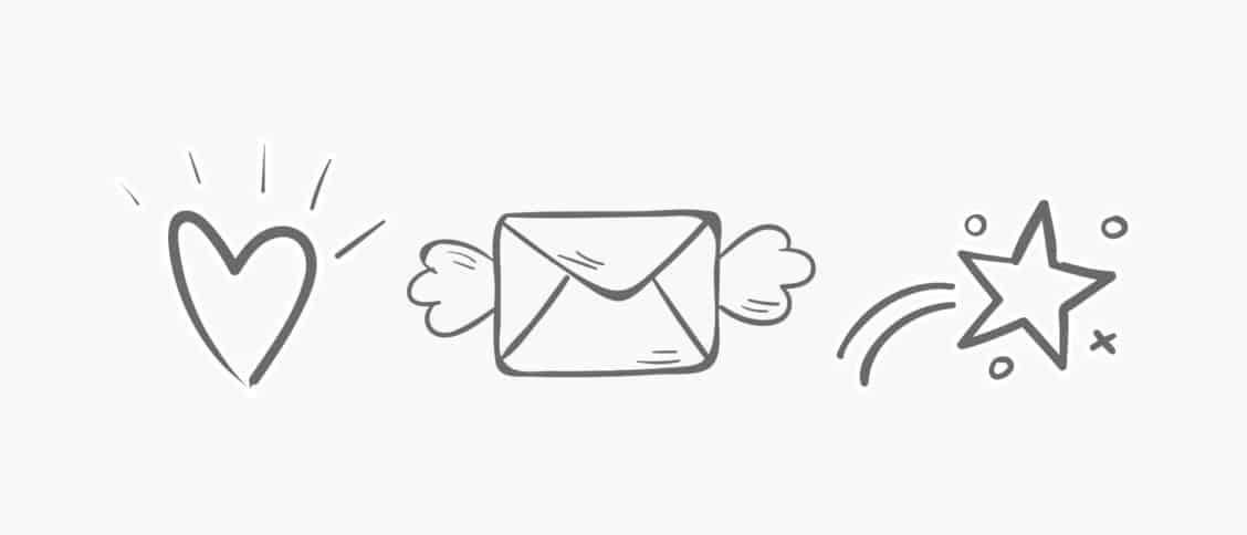 Icons of a beating heart, an email with wings and a shooting star