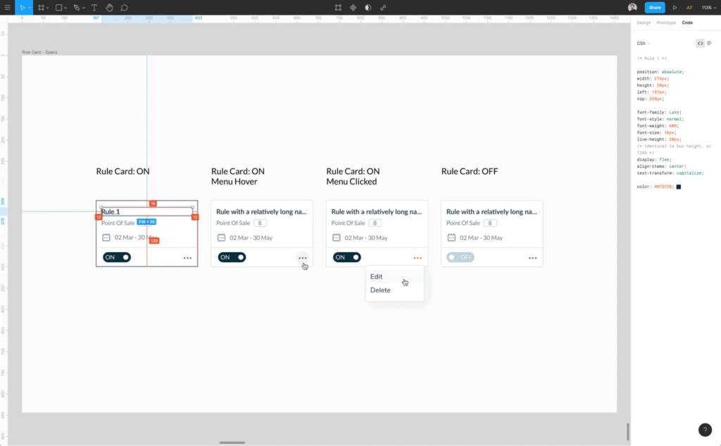 Screenshot of Figma showing specifications of different elements